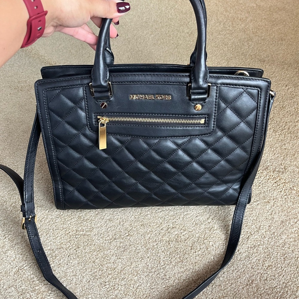 Michael Kors Black Quilted Satchel with Gold Accents